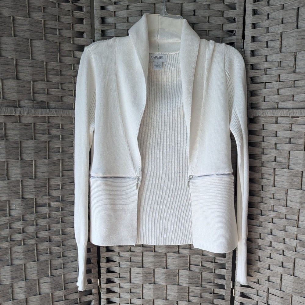 Carmen Marc Valvo Open Front Cardigan White Shawl Collar Zipper Accent Sz S